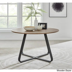 Industrial Chic Round Wood-Effect Dining Table Set With 6 Luxe Velvet Upholstered Chairs