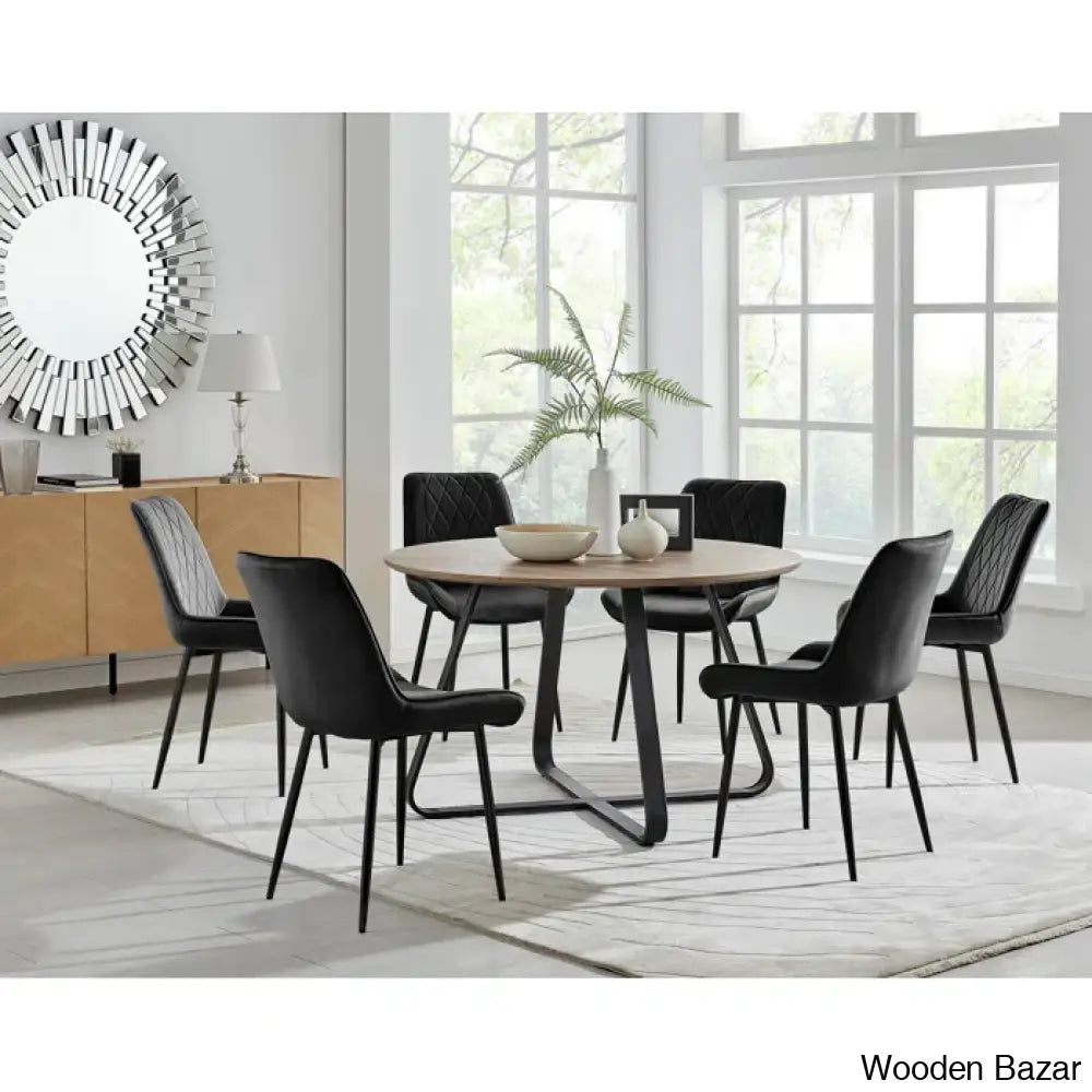 Industrial Chic Round Wood-Effect Dining Table Set With 6 Luxe Velvet Upholstered Chairs Black/