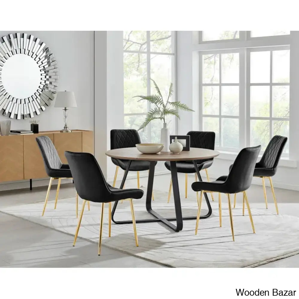 Industrial Chic Round Wood-Effect Dining Table Set With 6 Luxe Velvet Upholstered Chairs Black/ Gold