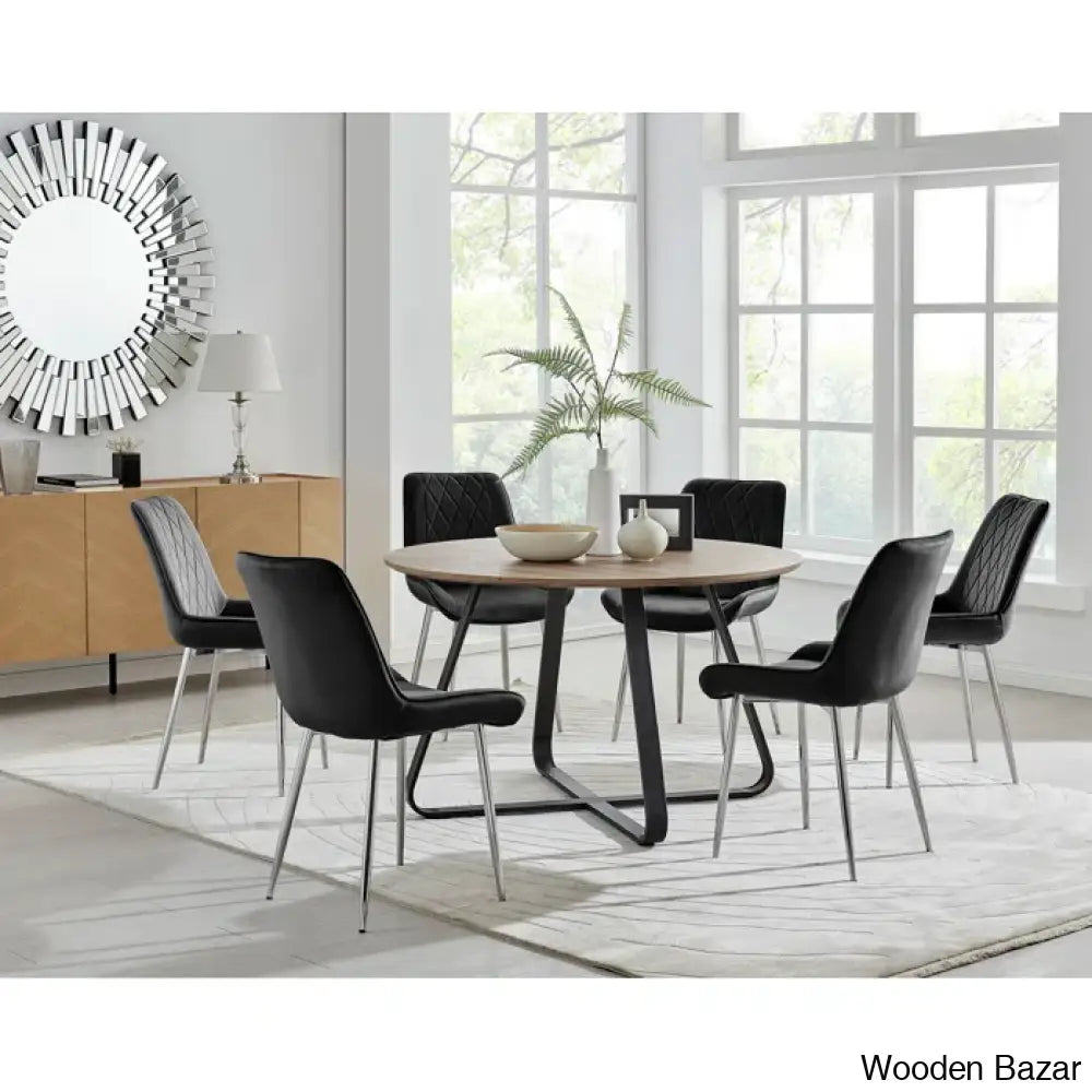 Industrial Chic Round Wood-Effect Dining Table Set With 6 Luxe Velvet Upholstered Chairs Black /