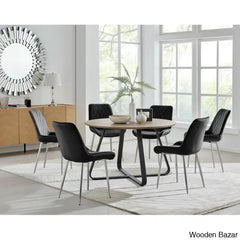 Industrial Chic Round Wood-Effect Dining Table Set With 6 Luxe Velvet Upholstered Chairs Black /