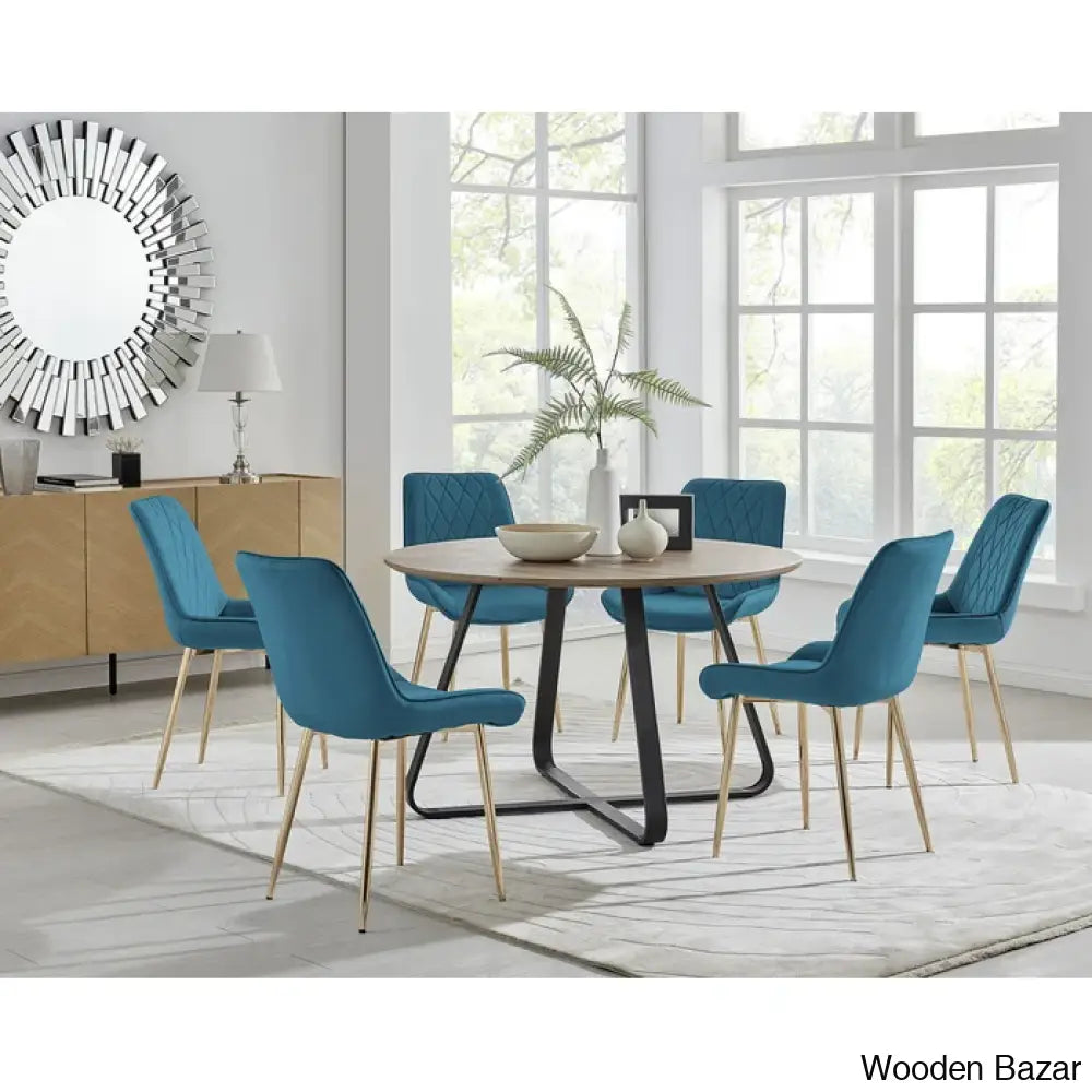 Industrial Chic Round Wood-Effect Dining Table Set With 6 Luxe Velvet Upholstered Chairs Blue/Gold