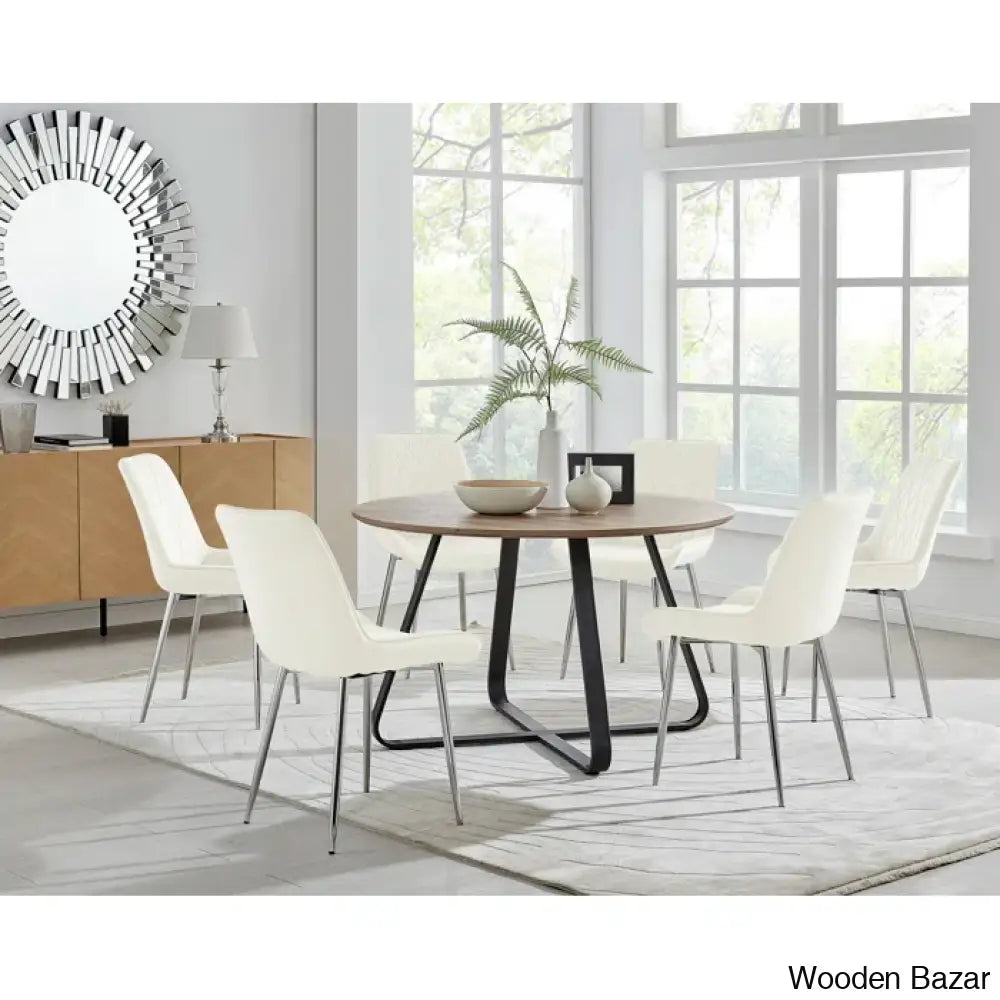 Industrial Chic Round Wood-Effect Dining Table Set With 6 Luxe Velvet Upholstered Chairs Cream /