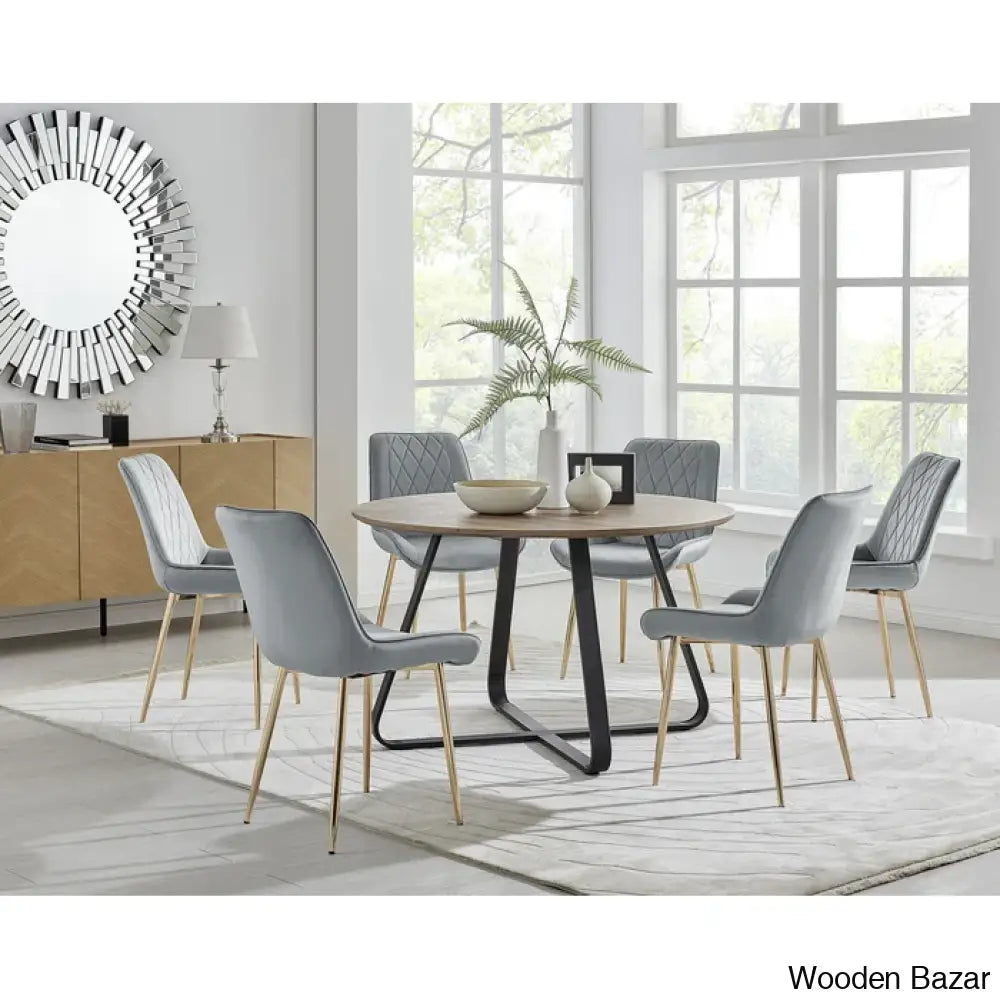 Industrial Chic Round Wood-Effect Dining Table Set With 6 Luxe Velvet Upholstered Chairs Gray / Gold