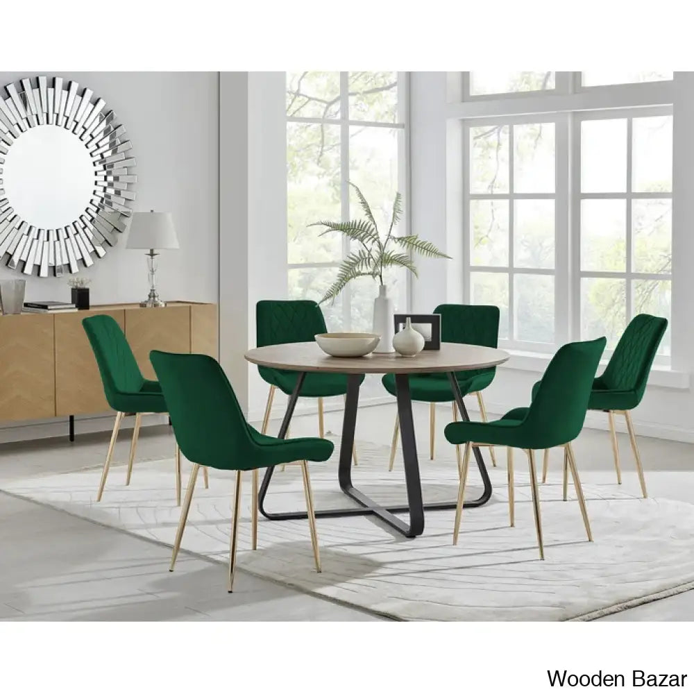 Industrial Chic Round Wood-Effect Dining Table Set With 6 Luxe Velvet Upholstered Chairs Green /