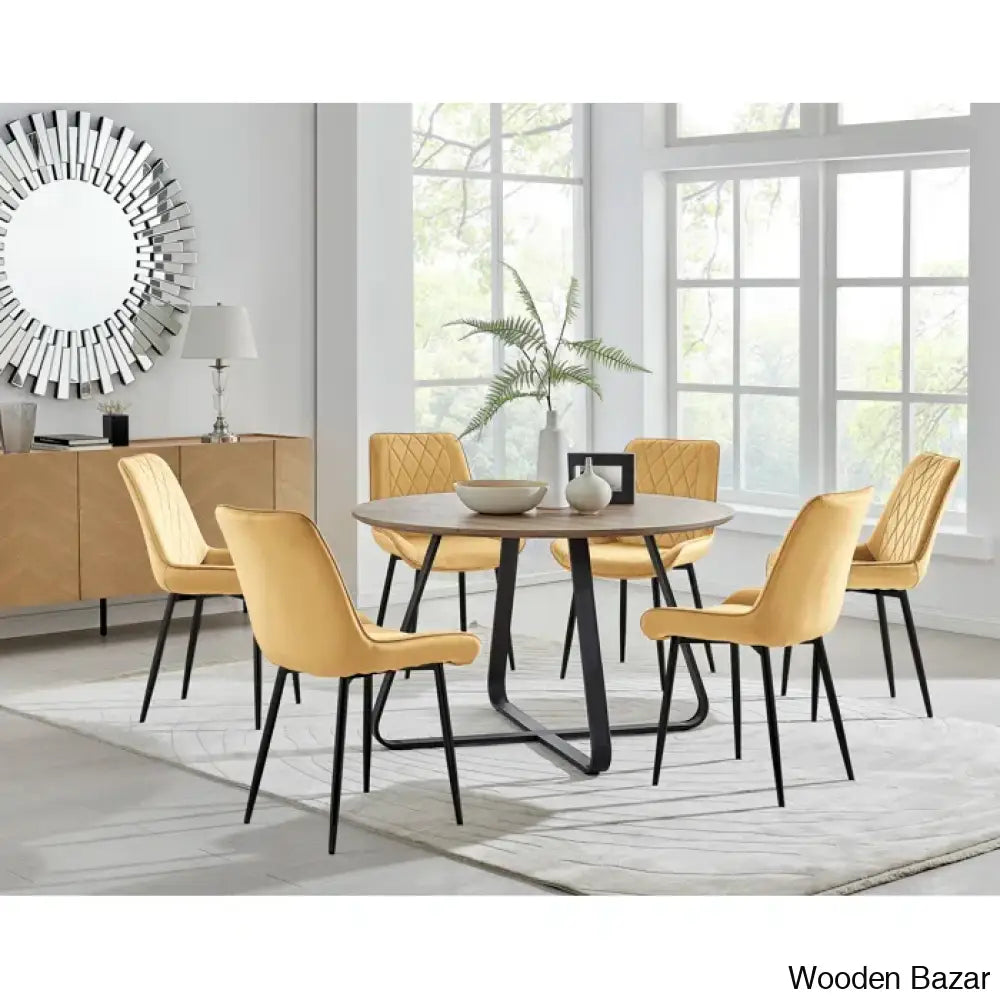 Industrial Chic Round Wood-Effect Dining Table Set With 6 Luxe Velvet Upholstered Chairs Mustard /