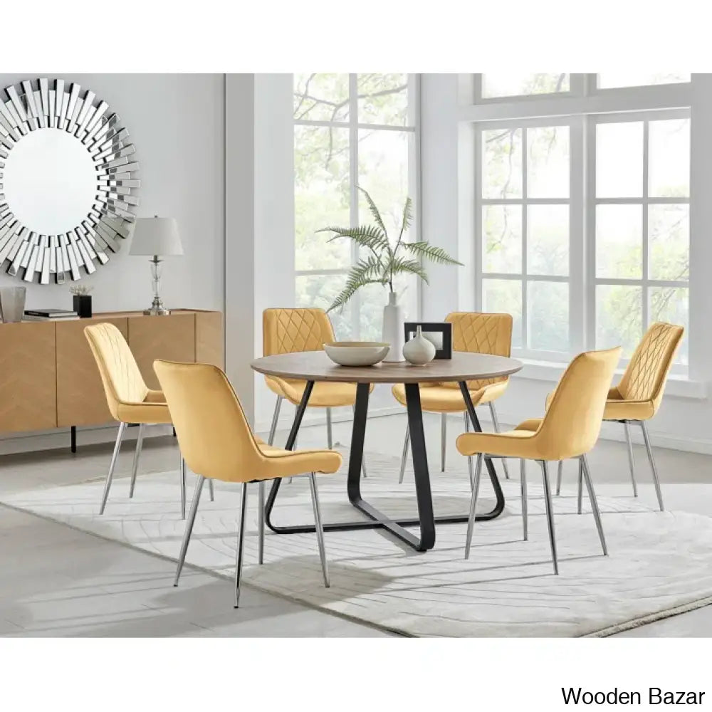 Industrial Chic Round Wood-Effect Dining Table Set With 6 Luxe Velvet Upholstered Chairs Mustard /