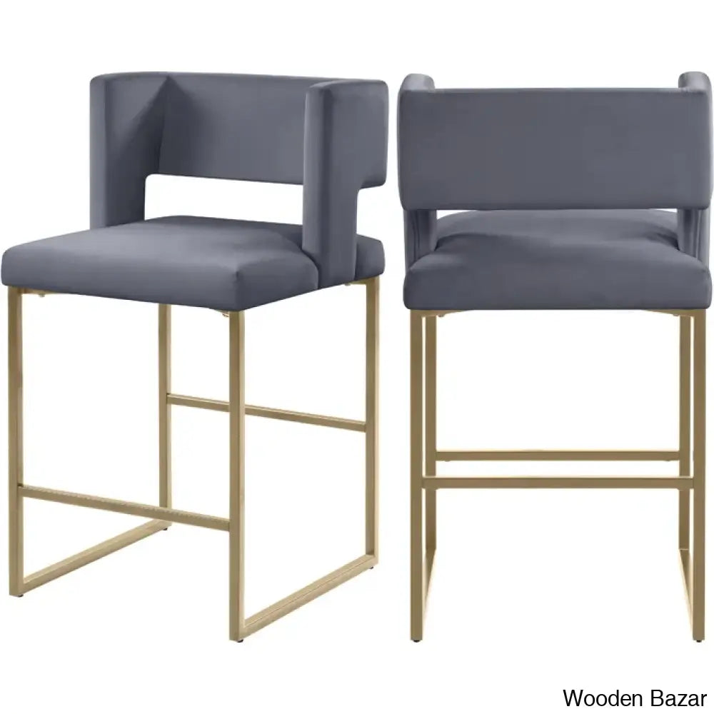 Ingaz Upholstered 26’’ Counter And Bar Stool With Metal Frame (Set Of 2) Gray / Gold Double Chair