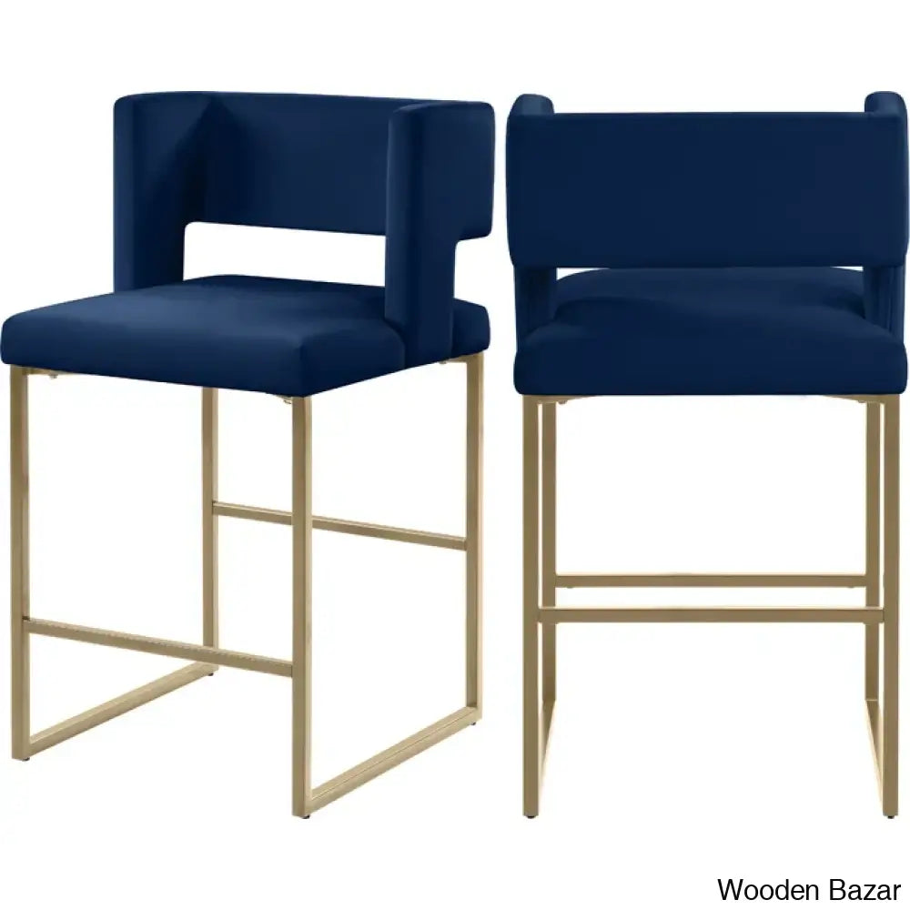 Ingaz Upholstered 26’’ Counter And Bar Stool With Metal Frame (Set Of 2) Navy / Matte Black