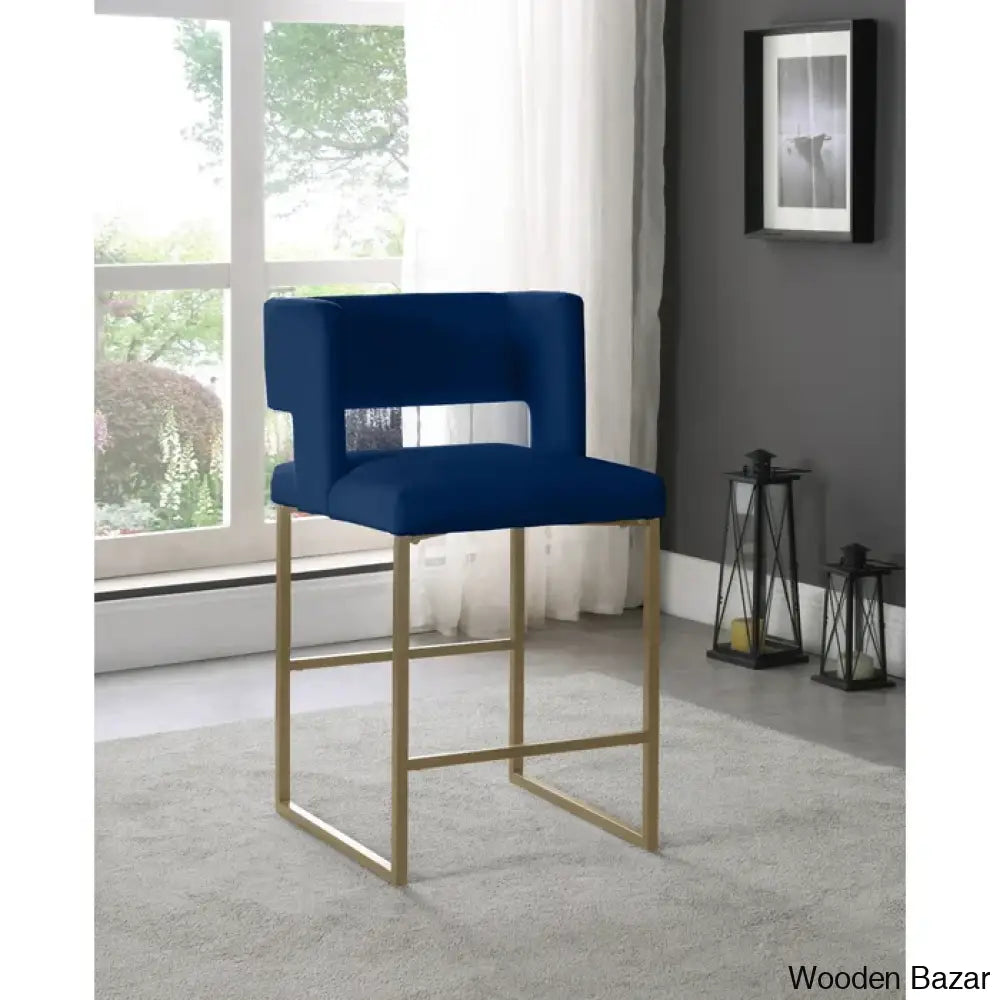 Ingaz Upholstered 26’’ Counter And Bar Stool With Metal Frame (Set Of 2) Navy / Matte Black