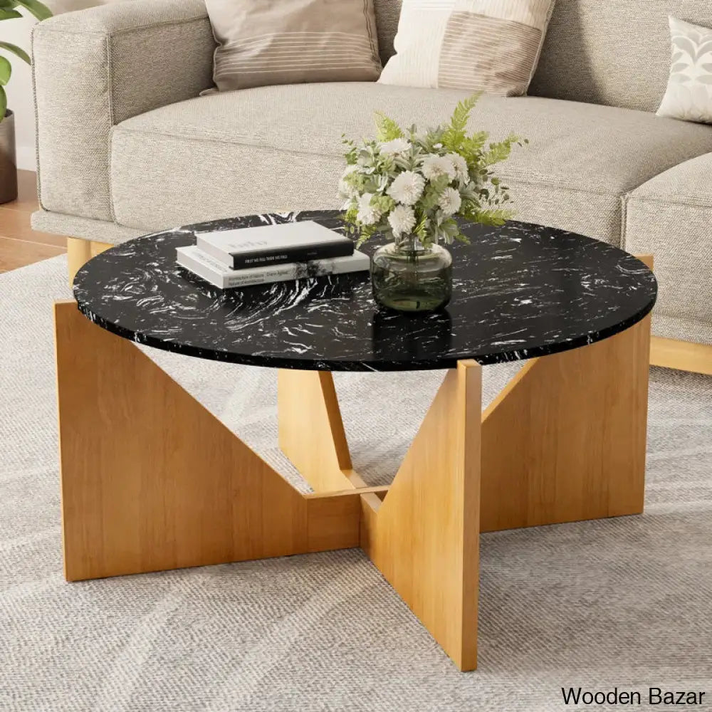 Intsy Round Coffee And Center Table Black Top/Wood Base