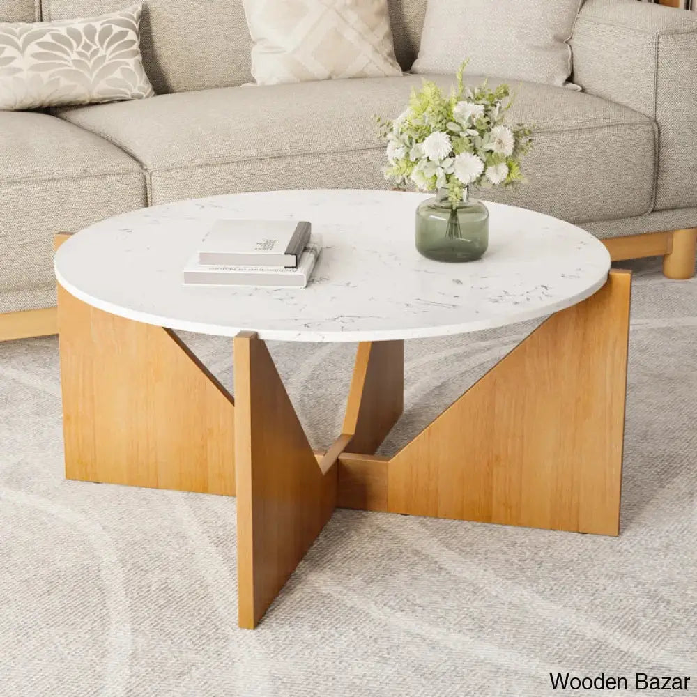 Intsy Round Coffee And Center Table White Top/Wood Base