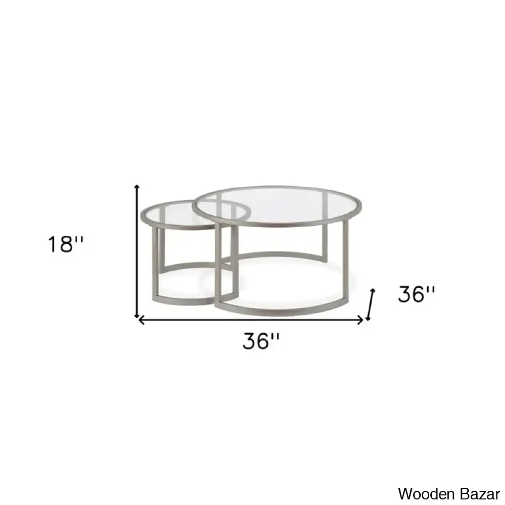 Ivaleye 36’’ Glass And Steel Round Nested Coffee And Center Tables