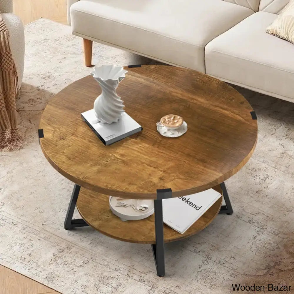 Jahaira Round Coffee Table With 2-Tier Storage Shelves And Center