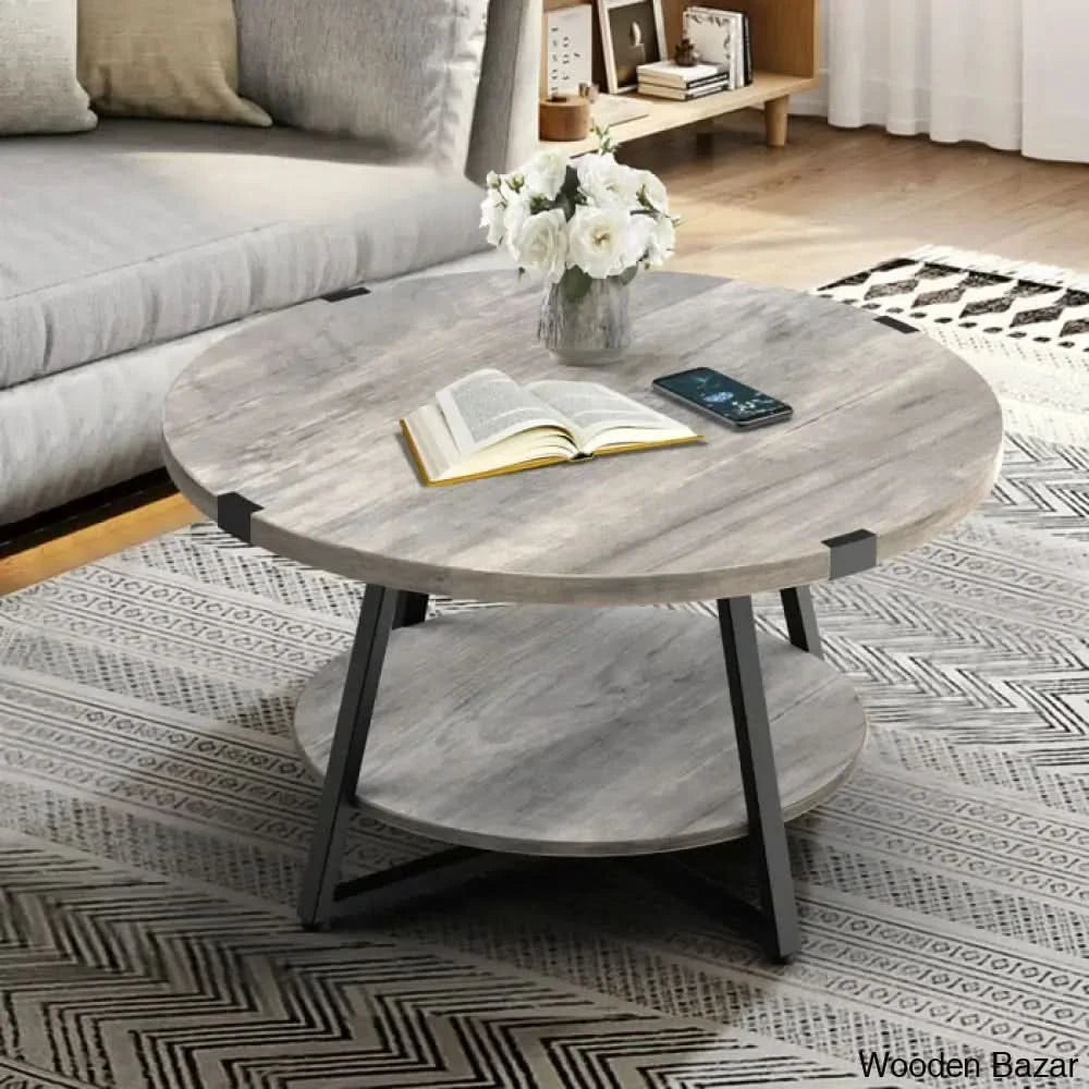 Shelf Table Rounded Jahaira Round Coffee Table With 2 Tier Storage Shelves