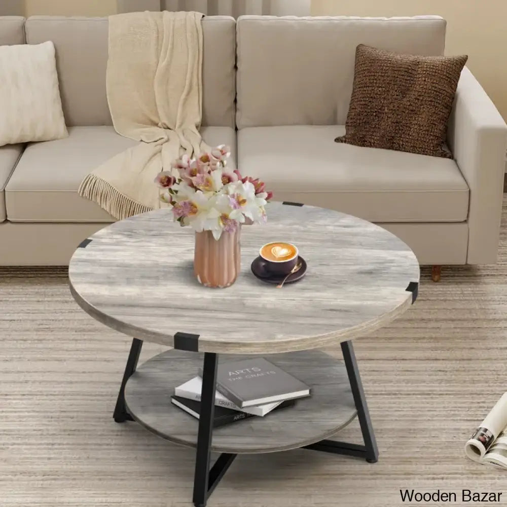 Jahaira Round Coffee Table With 2-Tier Storage Shelves And Center