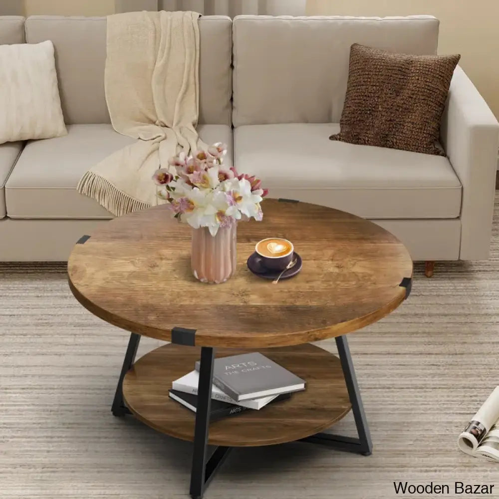 Jahaira Round Coffee Table With 2-Tier Storage Shelves And Center