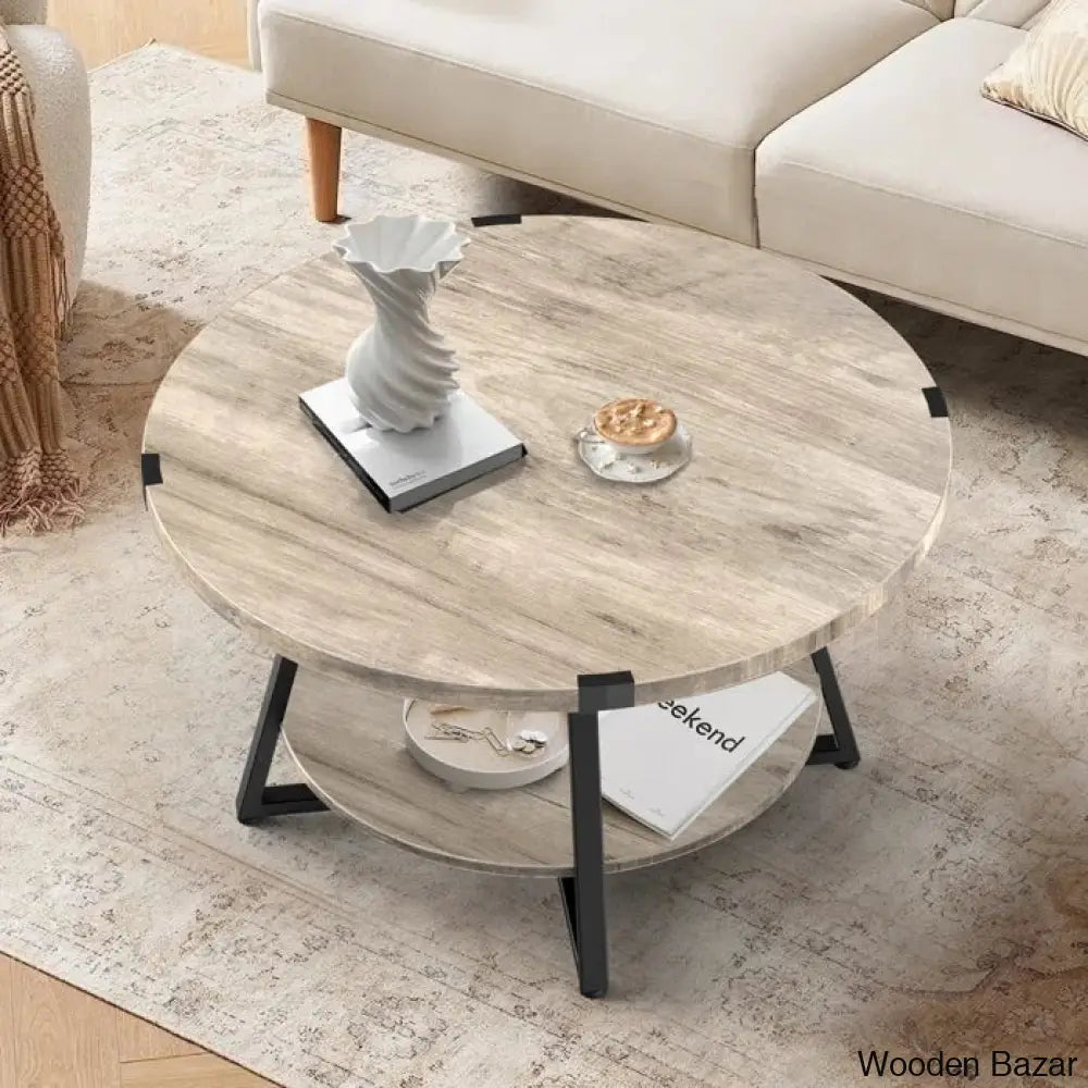 Jahaira Round Coffee Table With 2-Tier Storage Shelves And Center