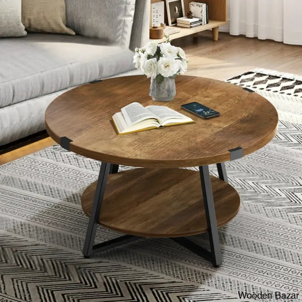 Jahaira Round Coffee Table With 2-Tier Storage Shelves And Center