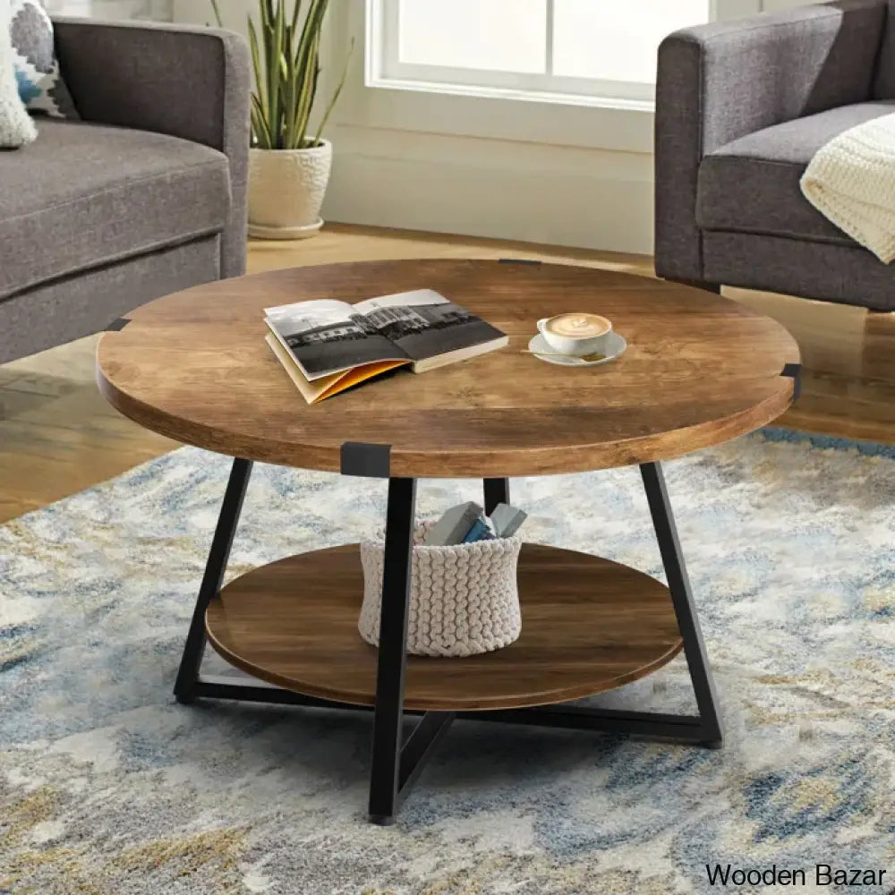 Jahaira Round Coffee Table With 2-Tier Storage Shelves And Center