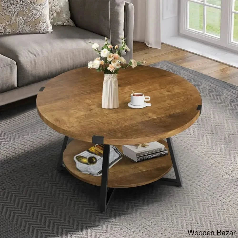 Shelf Table Rounded Jahaira Round Coffee Table with 2-Tier Storage Shelves Coffee and ...