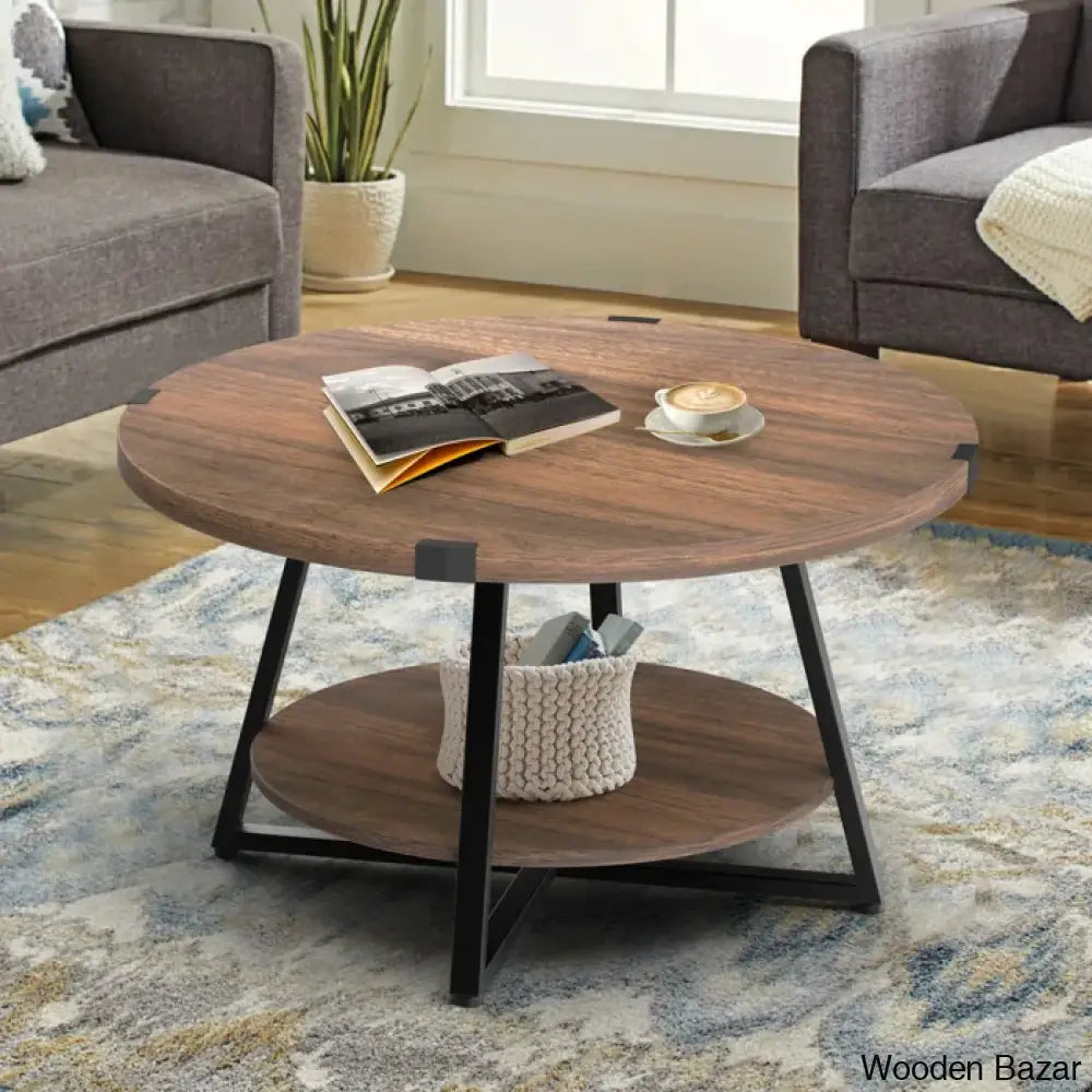 Jahaira Round Coffee Table With 2-Tier Storage Shelves And Center Dark Walnut