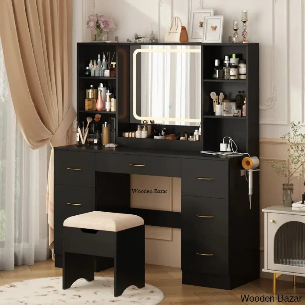 Jammie Vanity Dressing Table With Lighted Mirror And Stool Black