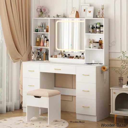 Jammie Vanity Dressing Table With Lighted Mirror And Stool White