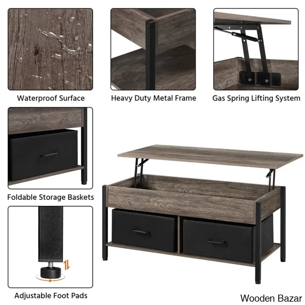 Jarissan Lift Top Coffee And Center Table With Hidden Compartment & 2 Fabric Storage Baskets