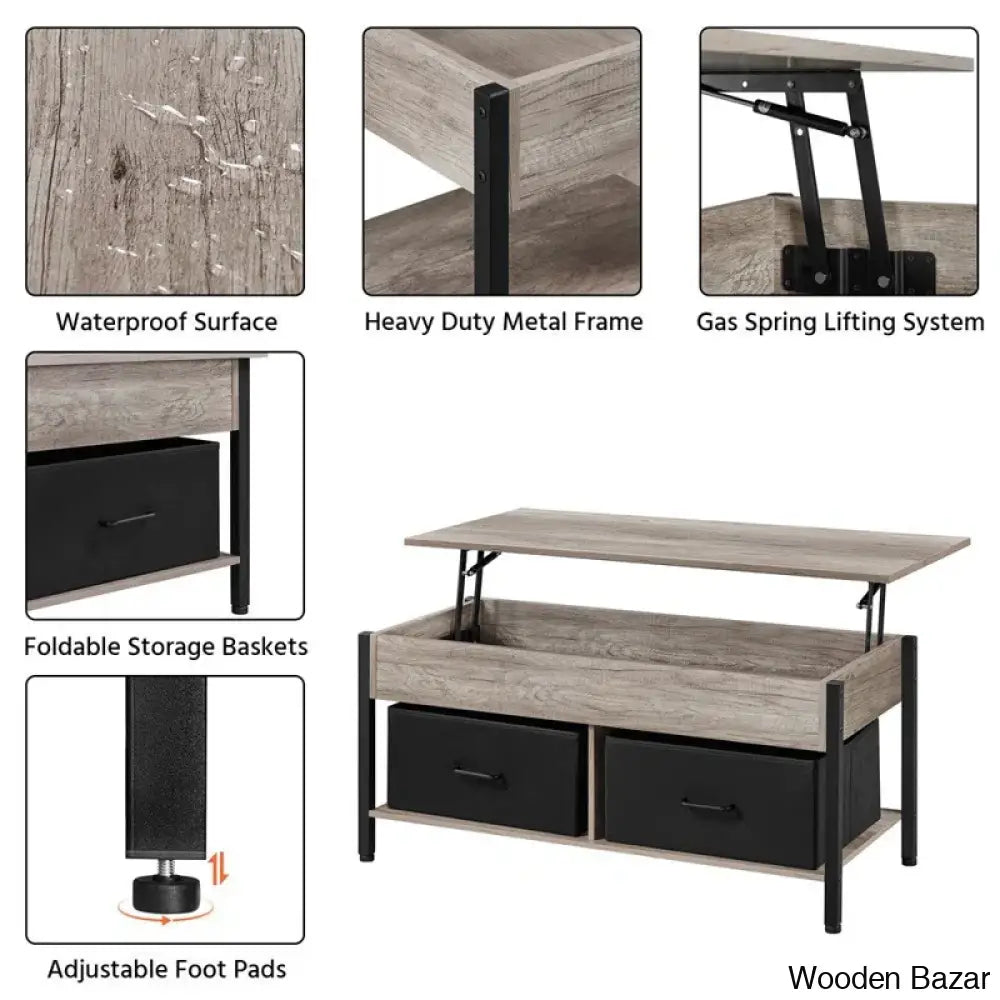 Jarissan Lift Top Coffee And Center Table With Hidden Compartment & 2 Fabric Storage Baskets