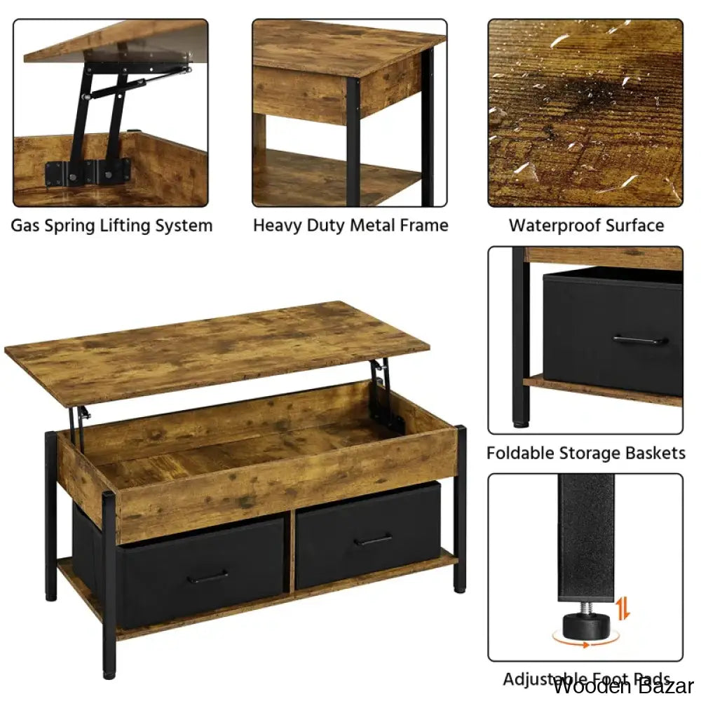 Jarissan Lift Top Coffee And Center Table With Hidden Compartment & 2 Fabric Storage Baskets