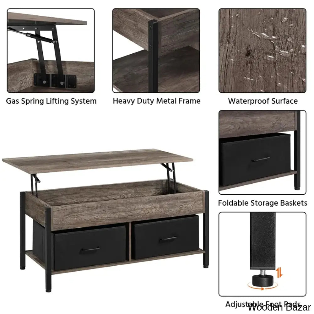 Jarissan Lift Top Coffee And Center Table With Hidden Compartment & 2 Fabric Storage Baskets