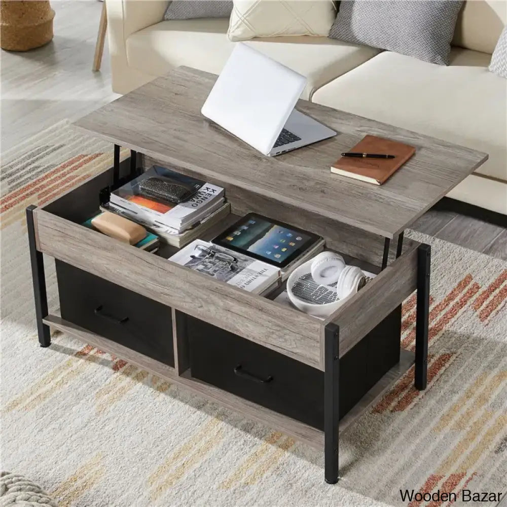 Jarissan Lift Top Coffee And Center Table With Hidden Compartment & 2 Fabric Storage Baskets