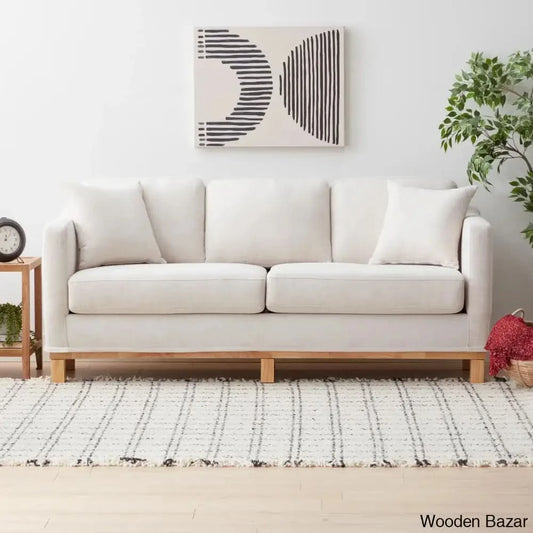 Joanne Upholstered 3-Seater Sofa With Solid Wood Base - Wooden Bazar Natural