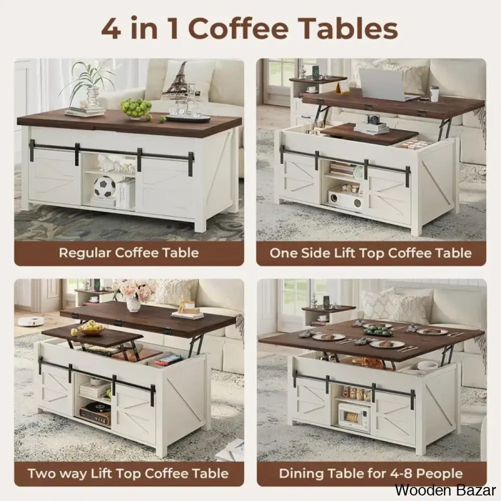 Joden Lift Top Coffee And Center Table For Living Room With 4 Sliding Barn Doors