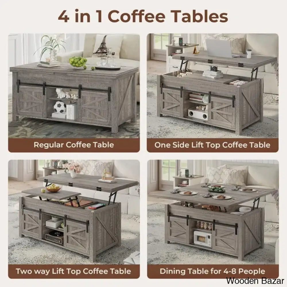 Joden Lift Top Coffee And Center Table For Living Room With 4 Sliding Barn Doors