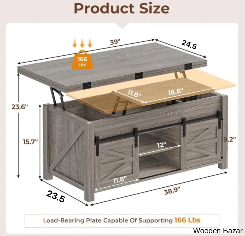 Joden Lift Top Coffee And Center Table For Living Room With 4 Sliding Barn Doors