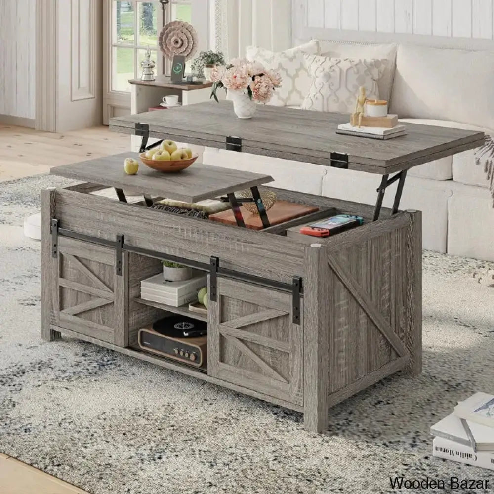 Joden Lift Top Coffee And Center Table For Living Room With 4 Sliding Barn Doors