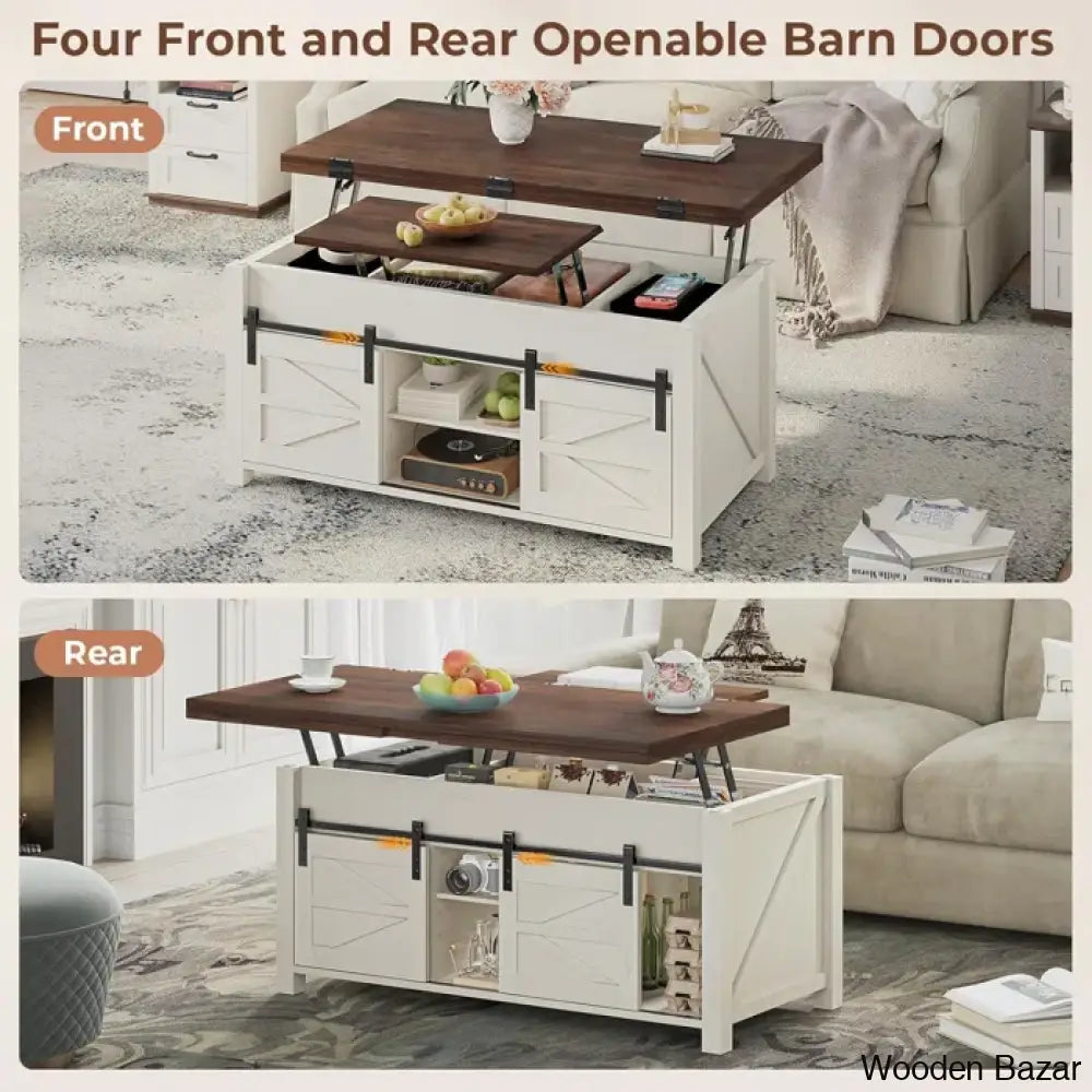 Joden Lift Top Coffee And Center Table For Living Room With 4 Sliding Barn Doors