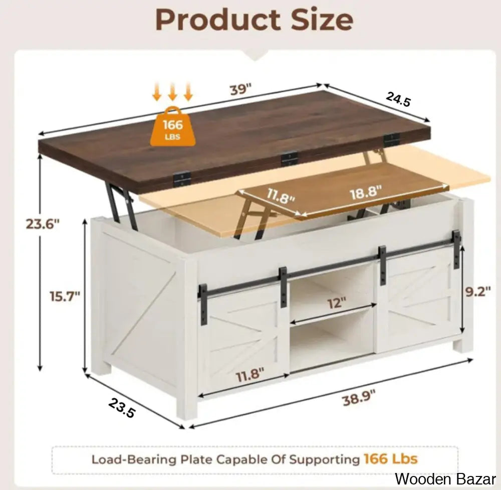 Joden Lift Top Coffee And Center Table For Living Room With 4 Sliding Barn Doors