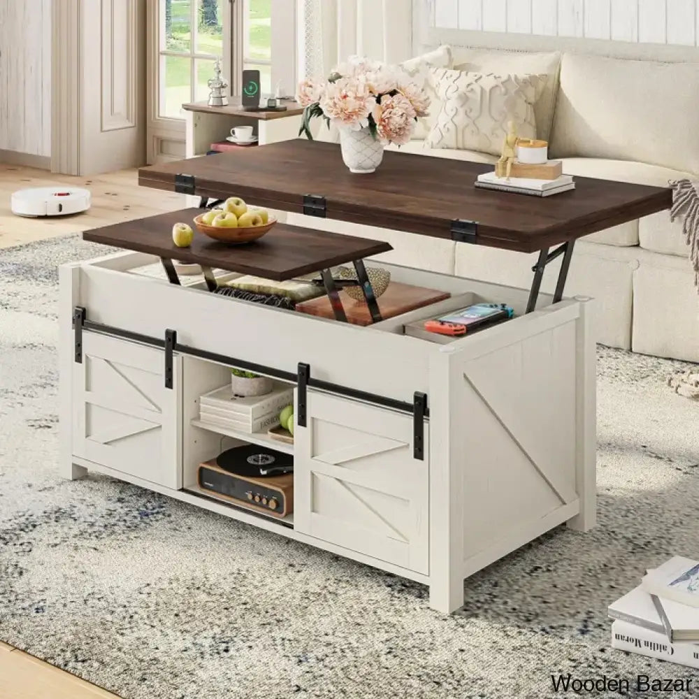 Joden Lift Top Coffee And Center Table For Living Room With 4 Sliding Barn Doors White