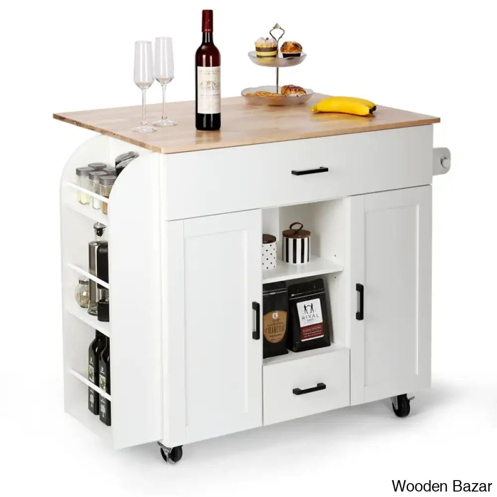 Jonhatan 45.2’’ Solid Wood Kitchen Island With Drop Leaf Trolley Cart Cabinet Kitchen Island