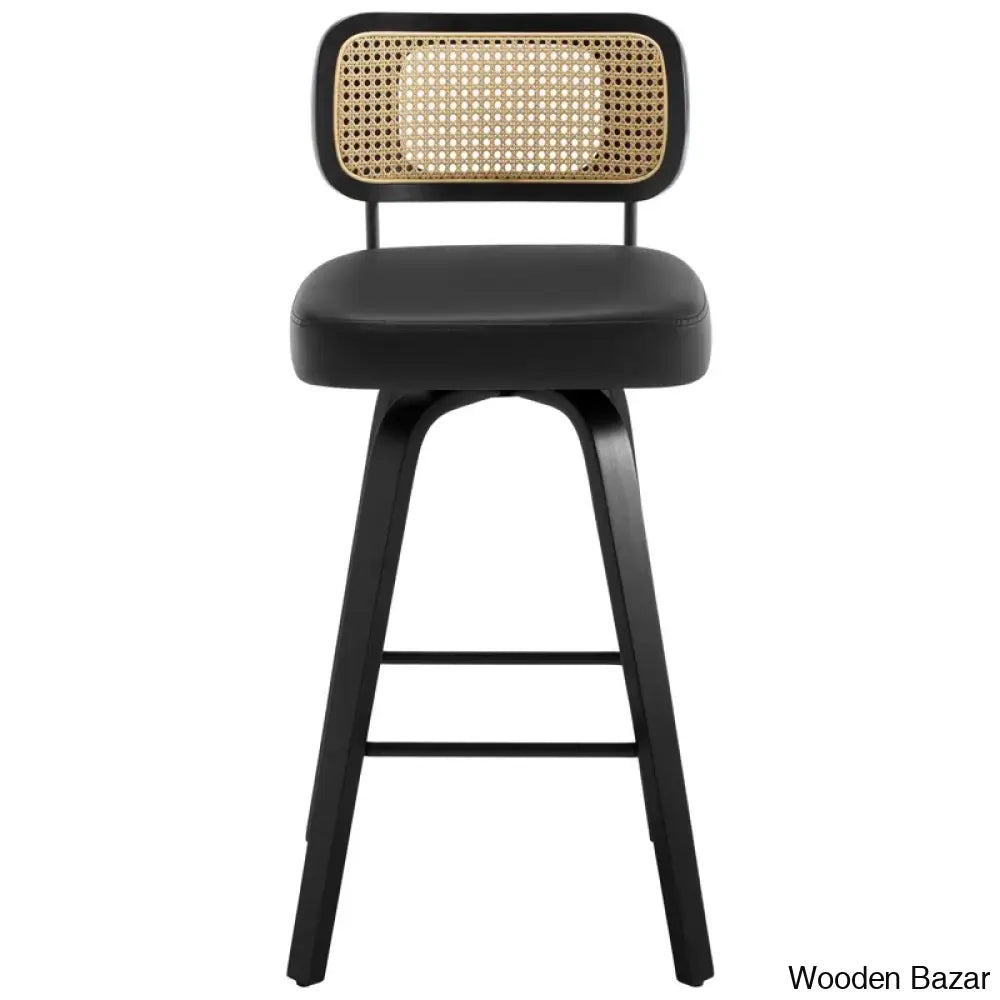 Juliezas Swivel Upholstered Rattan Back Counter & Bar Stool Black / (26’’ Seat Height)