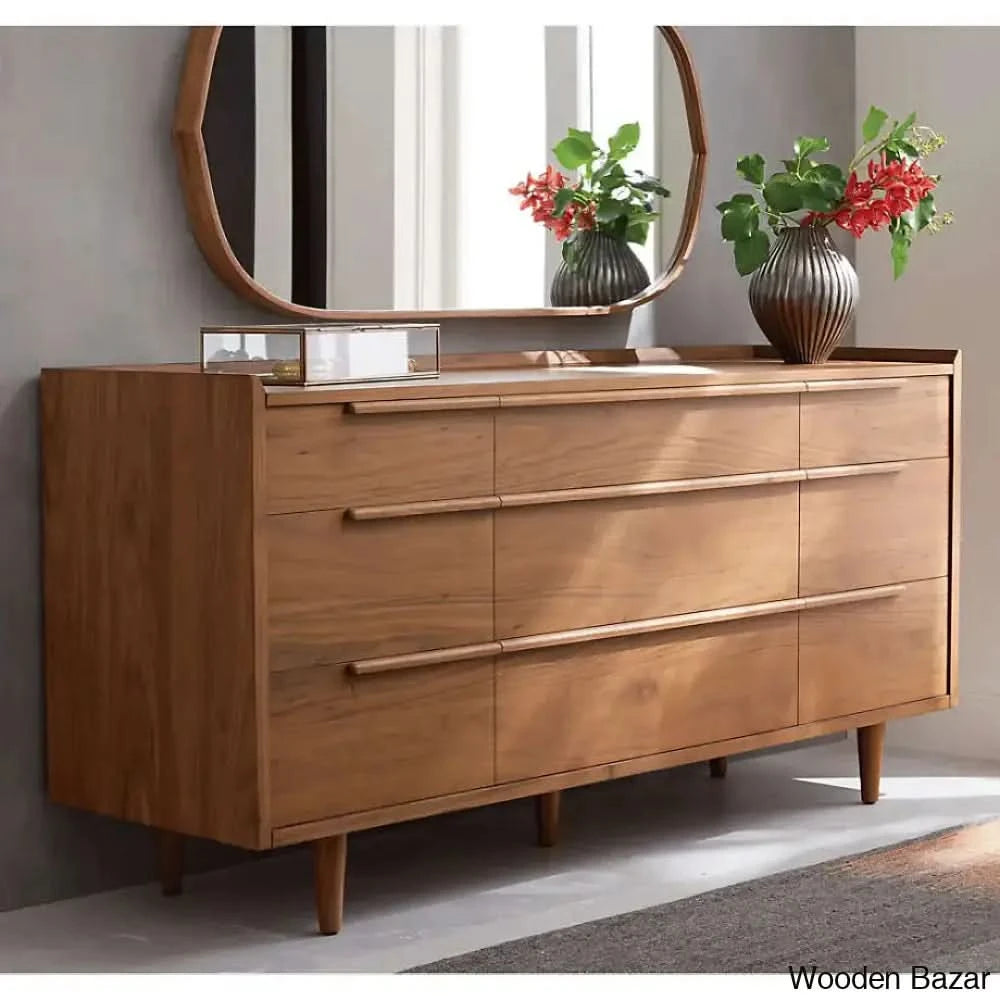 Kandice Chic Solid Wood Tate Walnut 9 Chest Of Drawer - Wooden Bazar