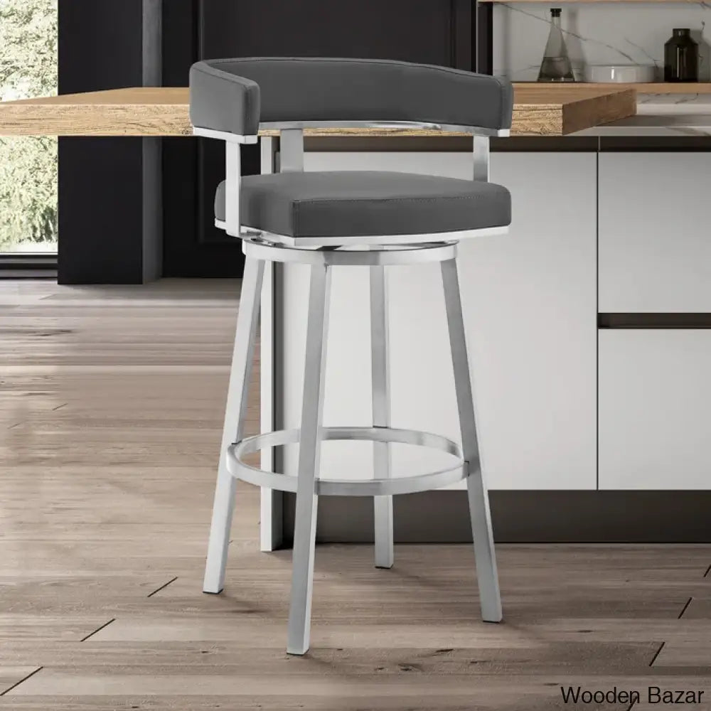 Kellumo Swivel Counter And Bar Height Stool With Arms In Faux Leather Upholstery Metal Legs