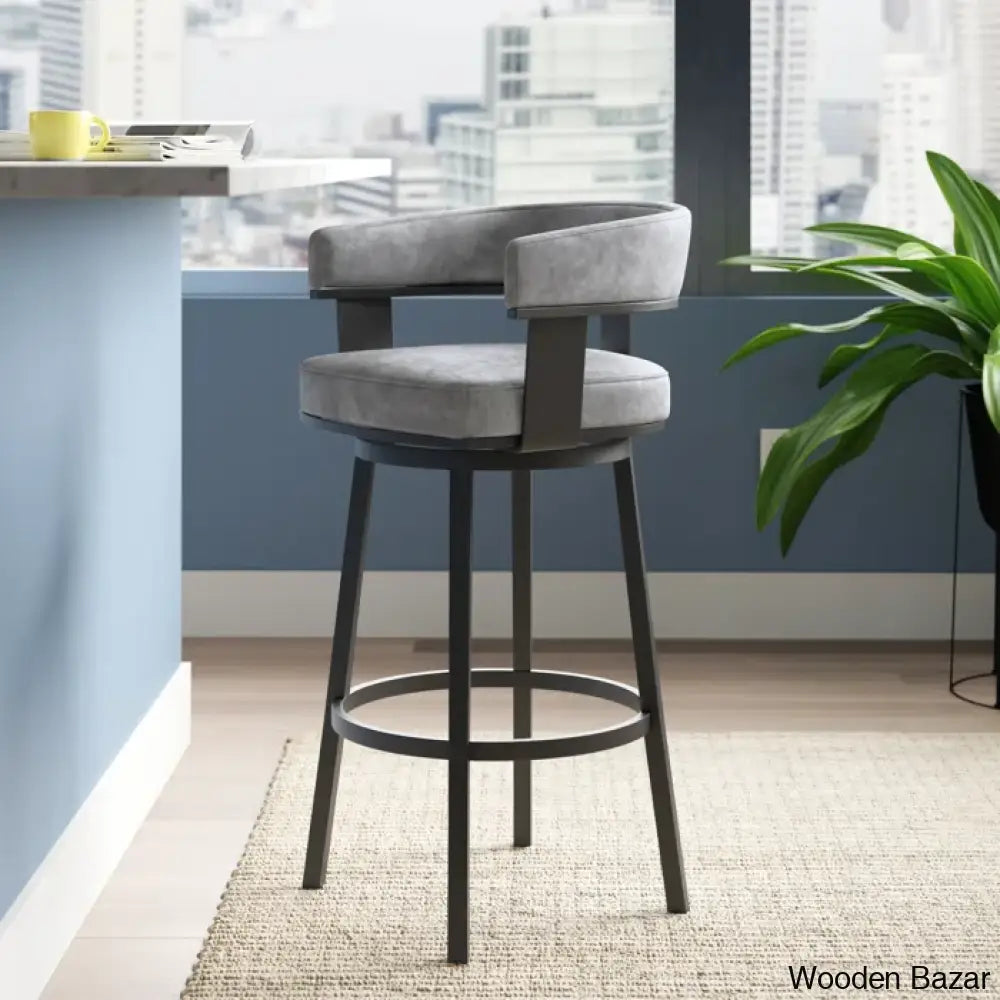 Kellumo Swivel Counter And Bar Height Stool With Arms In Faux Leather Upholstery Metal Legs