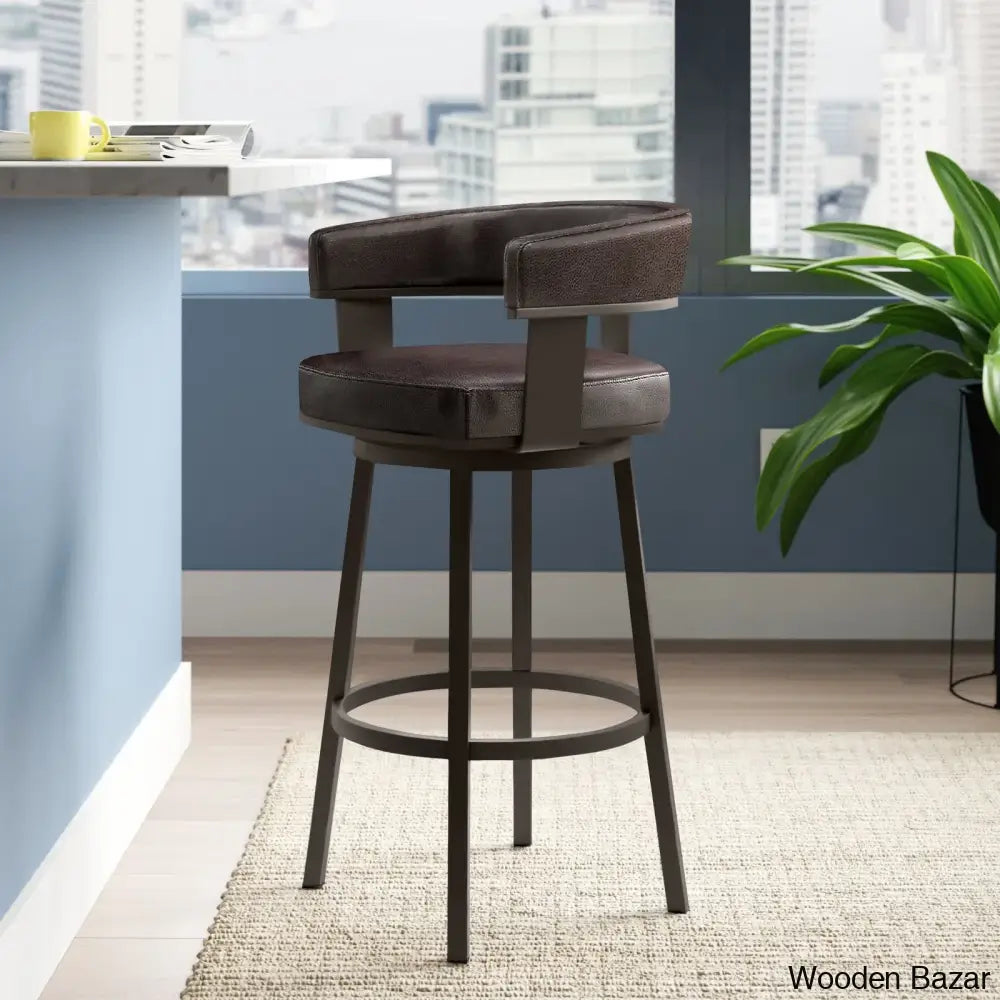 Kellumo Swivel Counter And Bar Height Stool With Arms In Faux Leather Upholstery Metal Legs