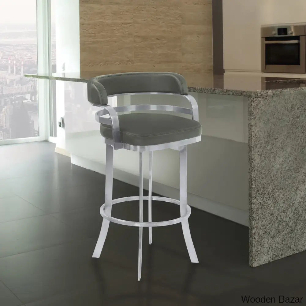 Kellumo Swivel Counter And Bar Height Stool With Arms In Faux Leather Upholstery Metal Legs