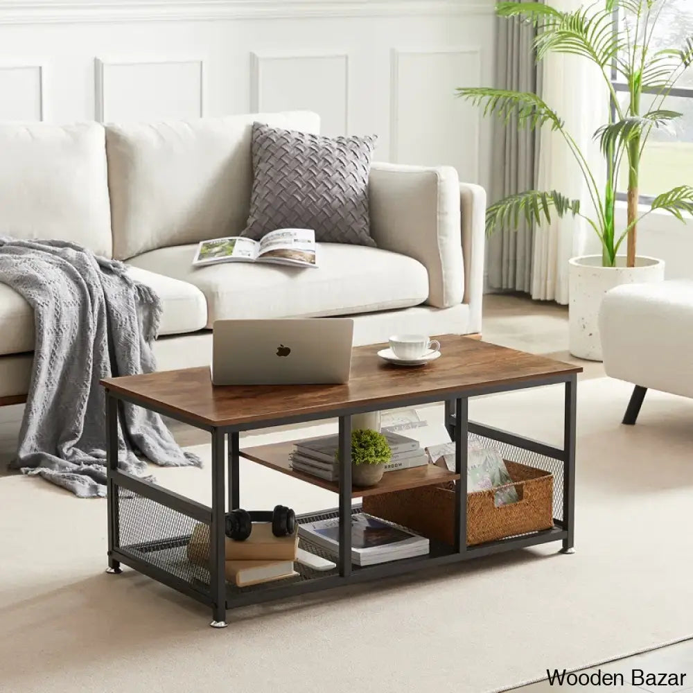 Kempsto Industrial Coffee And Center Table With Storage Shelf Cocktail Accent Furniture For Living