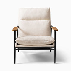 Lein Modern Lounge Chair in Cream Upholstery with Black Metal Frame & Wooden Armrests